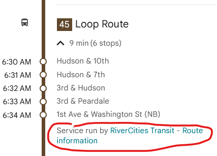 Google maps bus info with red circle around it